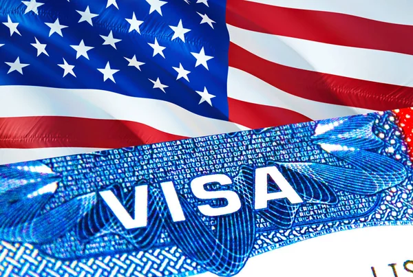 ABD vizesi. VISA, 3D yorumlama üzerine yoğunlaşarak ABD 'ye gidin. ABD göçmen konsepti ve pasaport vizesi. Pasaportunda ABD turizm girişi var. Visa ABD pul vatandaşlığı. ABD seyahati. Visa pasaportu
