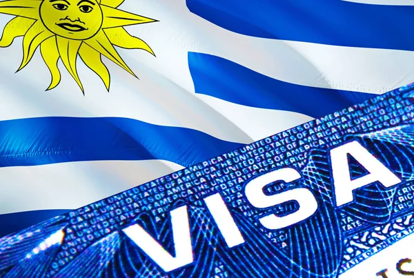 Uruguay visa document close up. Passport visa on Uruguay flag. Uruguay visitor visa in passport,3D rendering. Uruguay multi entrance in passport. Closeup of Visa document and passport. Immigratio