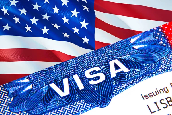 USA Visa in passport. USA immigration Visa for USA citizens focusing on word VISA. Travel USA visa in national identification close-up,3D rendering. USA multi entrance in passport. Visa passpor