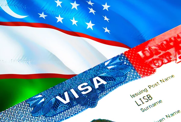 Uzbekistan immigration visa. Closeup Visa to Uzbekistan focusing on word VISA, 3D rendering. Travel or migration to Uzbekistan destination concept with visa in passport multi entrance. USA stam