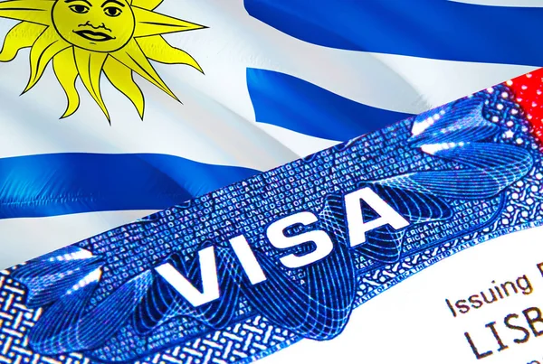 Uruguay Visa in passport. USA immigration Visa for Uruguay citizens focusing on word VISA. Travel Uruguay visa in national identification close-up,3D rendering. Uruguay multi entrance in passport