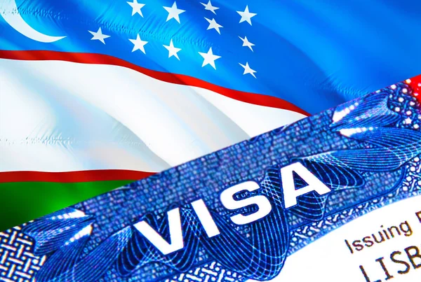 Uzbekistan visa stamp in passport with text VISA. passport traveling abroad concept. Travel to Uzbekistan concept - selective focus,3D rendering. Immigration and emigration concept. Uzbekistan vis