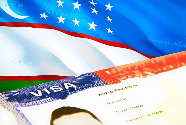 Uzbekistan immigration document close up. Passport visa on Uzbekistan flag. Uzbekistan visitor visa in passport,3D rendering. Uzbekistan multi entrance visa in passport. USA stamp emigration Vis