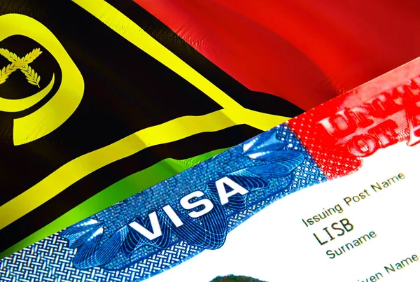 Vanuatu immigration visa. Closeup Visa to Vanuatu focusing on word VISA, 3D rendering. Travel or migration to Vanuatu destination concept with visa in passport multi entrance. USA stamp emigratio