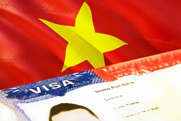 ベトナム移民文書が閉じます ベトナムの旗のパスポートビザ パスポート 3Dレンダリングでベトナムの訪問者ビザ パスポートのベトナムの複数の入国ビザ アメリカの切手移民ビザの文書 — ストック写真