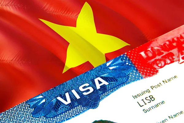 Vietnam immigration visa. Closeup Visa to Vietnam focusing on word VISA, 3D rendering. Travel or migration to Vietnam destination concept with visa in passport multi entrance. Visa passport stam