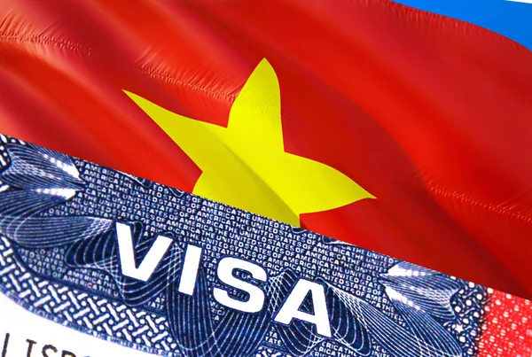 Vietnam Visa Document, with Vietnam flag in background. Vietnam flag with Close up text VISA on USA visa stamp in passport,3D rendering.Visa passport stamp travel Vietnam business.Immigration an