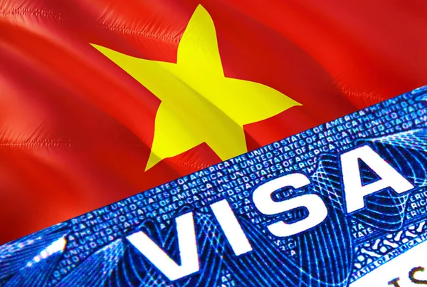Vietnam visa document close up. Passport visa on Vietnam flag. Vietnam visitor visa in passport,3D rendering. Vietnam multi entrance in passport. Closeup of Visa document and passpor