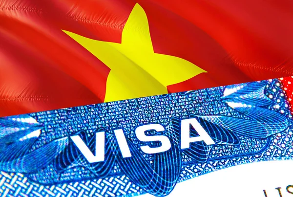 Vietnam Visa. Travel to Vietnam focusing on word VISA, 3D rendering. Vietnam immigrate concept with visa in passport. Vietnam tourism entrance in passport. Visa USA stamp citizenship. USA travel