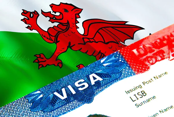 Wales immigration visa. Closeup Visa to Wales focusing on word VISA, 3D rendering. Travel or migration to Wales destination concept with visa in passport multi entrance. Visa passport stamp trave