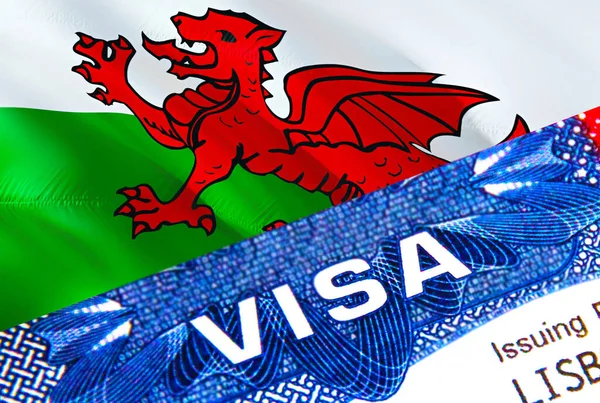 Wales visa stamp in passport with VISA text. Passport traveling abroad concept. Travel to Wales concept - selective focus,3D rendering. Immigration and emigration concept. Wales visa in passpor