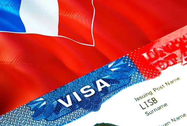 Wallis and Futuna immigration visa. Closeup Visa to Wallis and Futuna focusing on word VISA, 3D rendering. Travel or migration to Wallis and Futuna destination concept with visa in passport mult