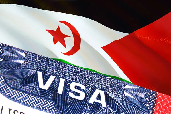 Western Sahara Visa Document, with Western Sahara flag in background. Western Sahara flag with Close up text VISA on USA visa stamp in passport,3D rendering.Visa passport stamp travel Western Sahar