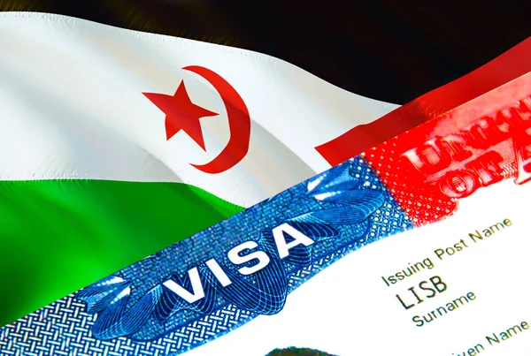 Western Sahara immigration visa. Closeup Visa to Western Sahara focusing on word VISA, 3D rendering. Travel or migration to Western Sahara destination concept with visa in passport multi entrance