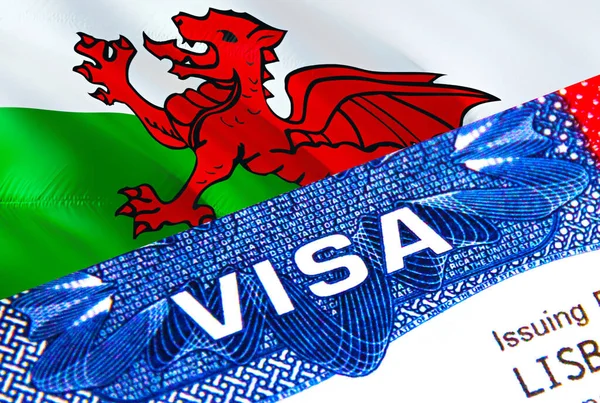 Wales Visa in passport. USA immigration Visa for Wales citizens focusing on word VISA. Travel Wales visa in national identification close-up,3D rendering. Wales multi entrance in passport. Vis