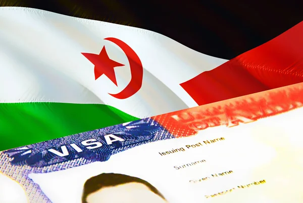 Western Sahara immigration document close up. Passport visa on Western Sahara flag. Western Sahara visitor visa in passport,3D rendering. Western Sahara multi entrance visa in passport. USA stam