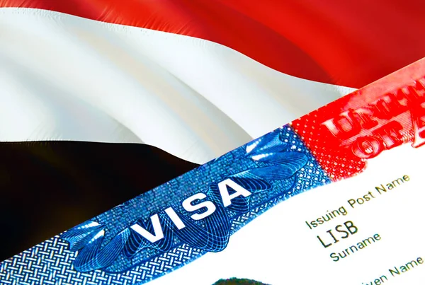 Yemen immigration visa. Closeup Visa to Yemen focusing on word VISA, 3D rendering. Travel or migration to Yemen destination concept with visa in passport multi entrance. Visa passport stamp trave