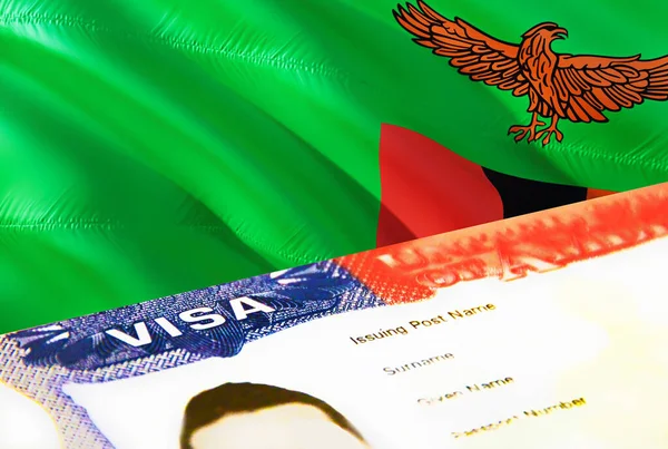 ザンビアの移民文書が閉じます ザンビアの旗にパスポートビザ パスポートのザンビア訪問者ビザ 3Dレンダリング パスポートのザンビアの複数の入国ビザ アメリカの切手移民ビザの文書 — ストック写真