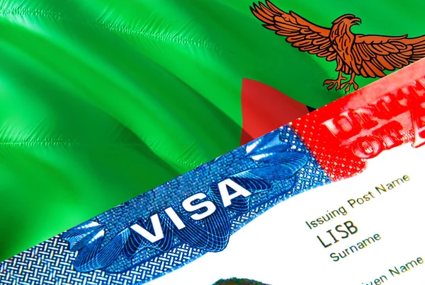 Zambia immigration visa. Closeup Visa to Zambia focusing on word VISA, 3D rendering. Travel or migration to Zambia destination concept with visa in passport multi entrance. USA stamp emigration Vis