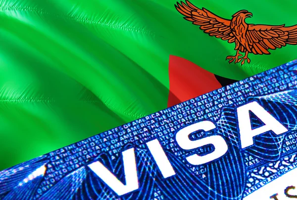 ザンビアビザの書類は閉じます ザンビアの旗にパスポートビザ パスポートのザンビア訪問者ビザ 3Dレンダリング パスポートにザンビアの複数の入り口 ビザの書類とパスポートの閉鎖 出入国管理 — ストック写真