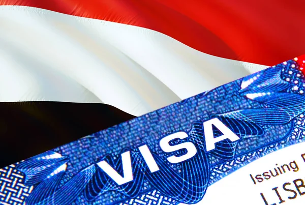 Yemen visa stamp in passport with VISA text. Passport traveling abroad concept. Travel to Yemen concept - selective focus,3D rendering. Immigration and emigration concept. Yemen visa in passpor