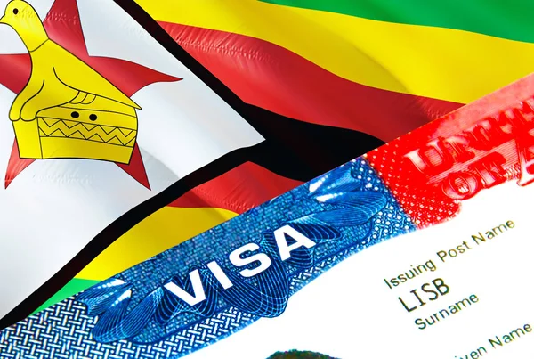 Zimbabwe immigration visa. Closeup Visa to Zimbabwe focusing on word VISA, 3D rendering. Travel or migration to Zimbabwe destination concept with visa in passport multi entrance. USA stam