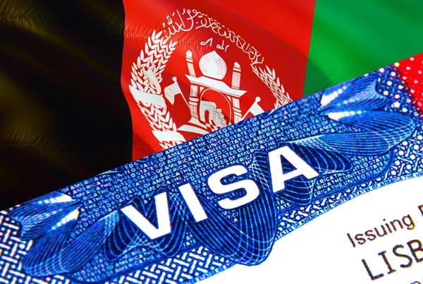 Afghanistan Visa in passport. USA immigration Visa for Afghanistan citizens focusing on word VISA. Travel Afghanistan visa in national identification close-up,3D rendering. Afghanistan mult