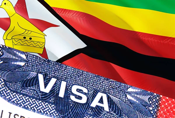 Zimbabwe Visa Document, with Zimbabwe flag in background. Zimbabwe flag with Close up text VISA on USA visa stamp in passport,3D rendering.Visa passport stamp travel Zimbabwe business. Immigratio