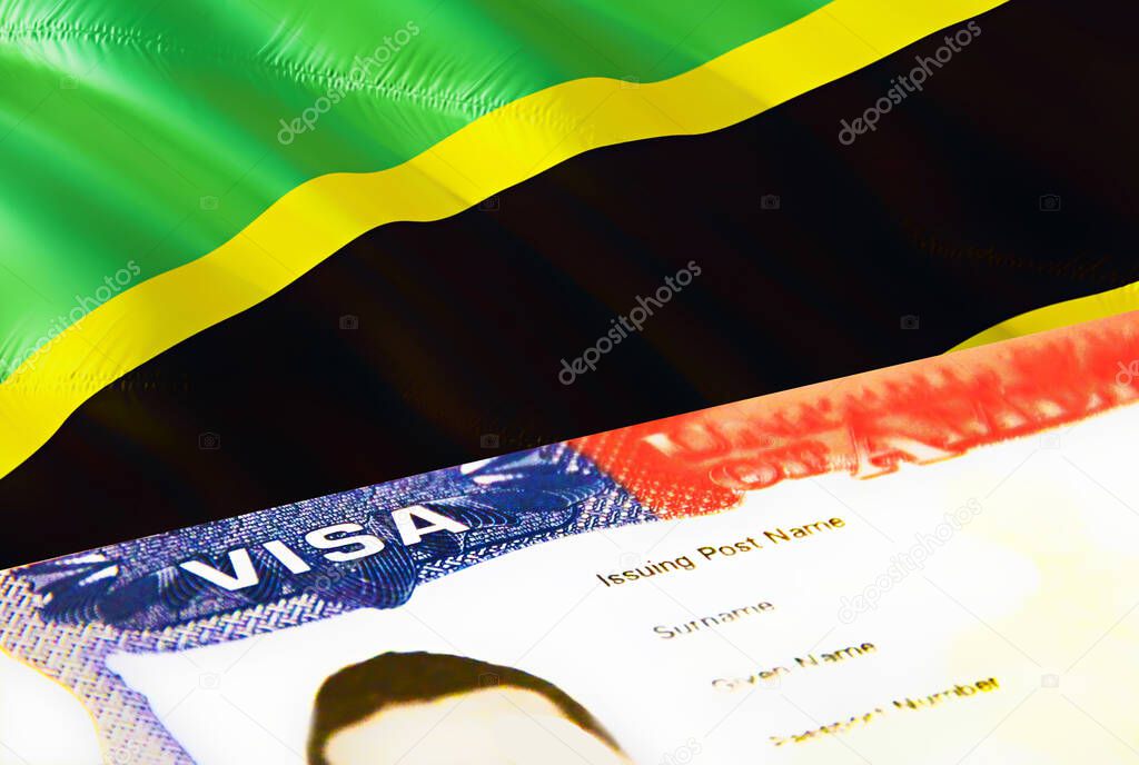 Tanzania immigration document close up. Passport visa on Tanzania flag. Tanzania visitor visa in passport,3D rendering. Tanzania multi entrance visa in passport. USA stamp emigration Visa documen