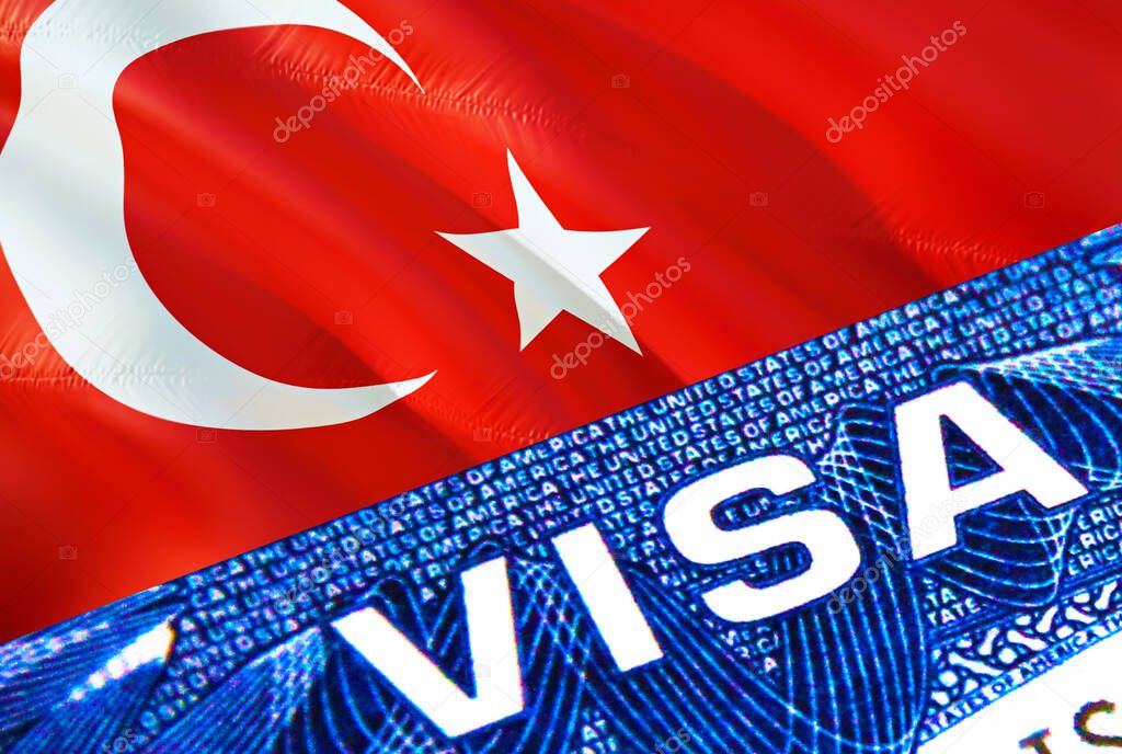 Turkey visa document close up. Passport visa on Turkey flag. Turkey visitor visa in passport,3D rendering. Turkey multi entrance in passport. Closeup of Visa document and passport. Immigration an