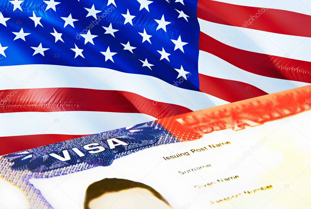 United States immigration document close up. Passport visa on United States flag. United States visitor visa in passport,3D rendering. United States multi entrance visa in passport. USA stam