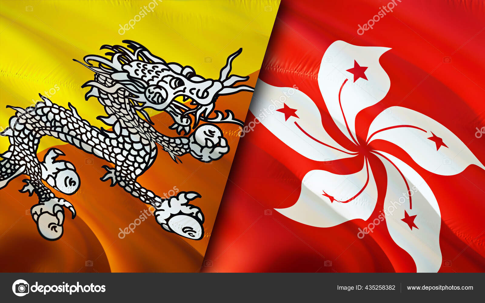 不丹和香港的国旗3d波浪旗帜设计不丹香港国旗不丹对香港的图像3d渲染不丹香港关系联盟与贸易 图库照片 C Borkus