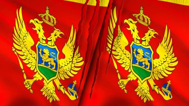 Karadağ ve Karadağ yara izi kavramına sahip. Dalgalanan bayrak, 3 boyutlu görüntüleme. Karadağ ve Karadağ ihtilaf kavramı. Karadağ ilişkileri kavramı. Karadağ ve Montenegr bayrağı