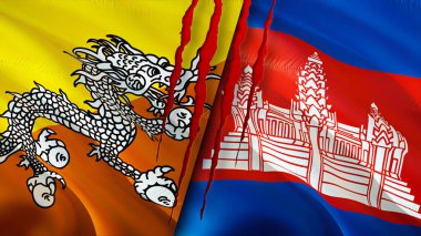 Bhutan ve Kamboçya bayrakları yara izi konseptiyle. Dalgalanan bayrak, 3 boyutlu görüntüleme. Butan ve Kamboçya çatışma konsepti. Butan Kamboçya ilişkileri kavramı. Butan ve Kamboçya bayrağı krizi, savaş, saldırı konsepti