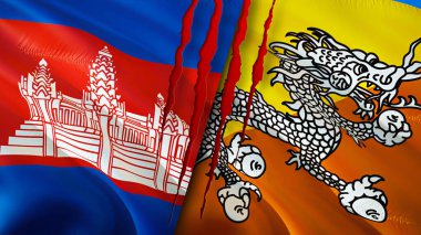 Kamboçya ve Bhutan bayrakları yara izi konseptiyle. Dalgalanan bayrak, 3 boyutlu görüntüleme. Kamboçya ve Butan çatışma konsepti. Kamboçya Butan ilişkileri kavramı. Kamboçya bayrağı ve Butan krizi, savaş, saldırı konsepti
