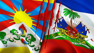Tibet ve Haiti bayrakları. 3 boyutlu dalgalanan bayrak tasarımı. Tibet Haiti bayrağı, resim, duvar kağıdı. Tibet, Haiti 'ye karşı. Görüntü 3 boyutlu. Tibet Haiti ilişkileri ittifak ve ticaret, seyahat, turizm konsepti