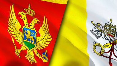 Karadağ ve Vatikan bayrakları. 3 boyutlu dalgalanan bayrak tasarımı. Karadağ Vatikan bayrağı, resmi, duvar kağıdı. Karadağ, Vatikan imajına karşı, 3D görüntüleme. Karadağ Vatikan ilişkileri ittifakı