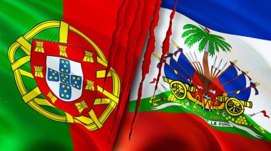 Portekiz ve Haiti bayrakları yara izi konseptiyle. Dalgalanan bayrak, 3 boyutlu görüntüleme. Portekiz ve Haiti çatışma konsepti. Portekiz Haiti ilişkileri kavramı. Portekiz bayrağı ve Haiti krizi, savaş, saldırı konsepti