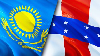 Kazakistan ve Hollanda Antilleri bayrakları. 3 boyutlu dalgalanan bayrak tasarımı. Kazakistan Hollanda Antilleri bayrağı, resim, duvar kağıdı. Kazakistan Hollanda 'ya karşı Antiller' in 3D görüntüsü. Kazakistan