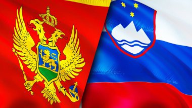 Karadağ ve Slovenya bayrakları. 3 boyutlu dalgalanan bayrak tasarımı. Karadağ bayrağı, resmi, duvar kağıdı. Karadağ, Slovenya 'ya karşı, görüntü 3 boyutlu. Karadağ ile Slovenya arasındaki ilişkiler