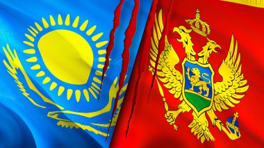 Kazakistan ve Karadağ yara izi kavramına sahip bayraklar. Dalgalanan bayrak, 3 boyutlu görüntüleme. Kazakistan ve Karadağ ihtilaf kavramı. Kazakistan Karadağ ilişkileri kavramı. Kazakistan ve Montenegr bayrağı
