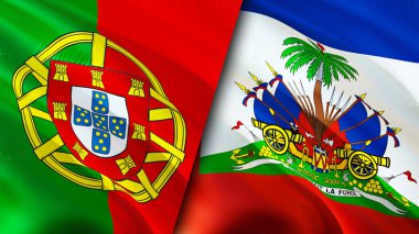 Portekiz ve Haiti bayrakları. 3 boyutlu dalgalanan bayrak tasarımı. Portekiz Haiti bayrağı, resim, duvar kağıdı. Portekiz, Haiti 'ye karşı, görüntü 3 boyutlu. Portekiz Haiti ilişkileri ittifak ve ticaret, seyahat, turizm konsepti