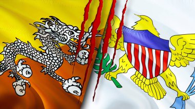 Bhutan ve ABD Virgin adaları yara izi olan bayraklar. Dalgalanan bayrak, 3 boyutlu görüntüleme. Bhutan ve ABD Virgin Adaları çatışma konsepti. Bhutan ABD Virgin Adaları ilişkileri konsepti. Bhutan bayrağı