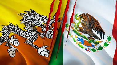 Bhutan ve Meksika bayrakları yara izi konseptiyle. Dalgalanan bayrak, 3 boyutlu görüntüleme. Butan ve Meksika çatışma konsepti. Butan Meksika ilişkileri kavramı. Bhutan bayrağı ve Meksika krizi, savaş, saldırı konsepti