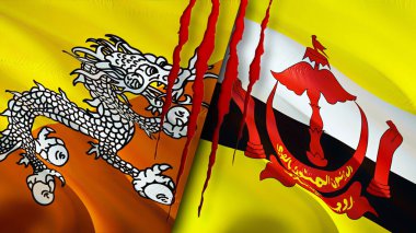 Bhutan ve Brunei bayraklarında yara izi var. Dalgalanan bayrak, 3 boyutlu görüntüleme. Bhutan ve Brunei çatışma konsepti. Butan Brunei ilişkileri kavramı. Bhutan bayrağı ve Brunei krizi, savaş, saldırı konsepti