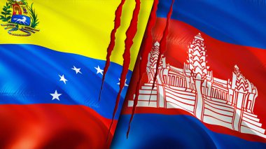 Venezuela ve Kamboçya bayraklarında yara izi var. Dalgalanan bayrak, 3 boyutlu görüntüleme. Venezuela ve Kamboçya çatışma konsepti. Venezuela Kamboçya ilişkileri kavramı. Venezuela bayrağı ve Kamboçya krizi, savaş