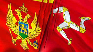 Karadağ ve Man Adası yara izi kavramına sahip bayraklar. Dalgalanan bayrak, 3 boyutlu görüntüleme. Karadağ ve Man Adası çatışma konsepti. Karadağ Erkek Adası ilişkileri konsepti. Karadağ ve Isle o bayrağı