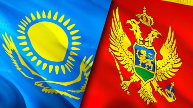 Kazakistan ve Karadağ bayrakları. 3 boyutlu dalgalanan bayrak tasarımı. Kazakistan Karadağ bayrağı, resmi, duvar kağıdı. Kazakistan, Karadağ 'ın 3D görüntüsüne karşı. Kazakistan-Karadağ ilişkileri bir ittifak