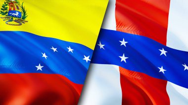 Venezuela ve Hollanda Antilleri bayrakları. 3 boyutlu dalgalanan bayrak tasarımı. Venezuela Hollanda Antilleri bayrağı, resim, duvar kağıdı. Venezuela Hollanda 'ya karşı Antiller' in 3D görüntüsü. Venezuela Hollanda