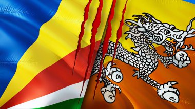 Yara izi olan Seyşeller ve Butan bayrakları. Dalgalanan bayrak, 3 boyutlu görüntüleme. Seyşeller ve Bhutan çatışma konsepti. Seyşeller Butan ilişkileri kavramı. Seyşel bayrağı ve Bhutan krizi, savaş, attac